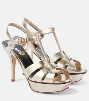 SAINT LAURENT Tribute 75 Gold Metallic Calfskin Platform Heels Sandals Size 37.5